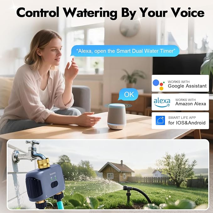 2 Zones WiFi Water Timer Brass Inlet and Outlet, Sprinkler Timer for Garden Hose, APP Remote Control WiFi Hose Timers with Gateway, Voice Control with Alexa, Rain Delay and Manual Mode for Watering