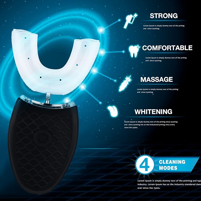 U Shaped Automatic Toothbrushes 360 Degree Ultrasonic Electric Toothbrush for Adults, 2 Pack, Black White(No Base)
