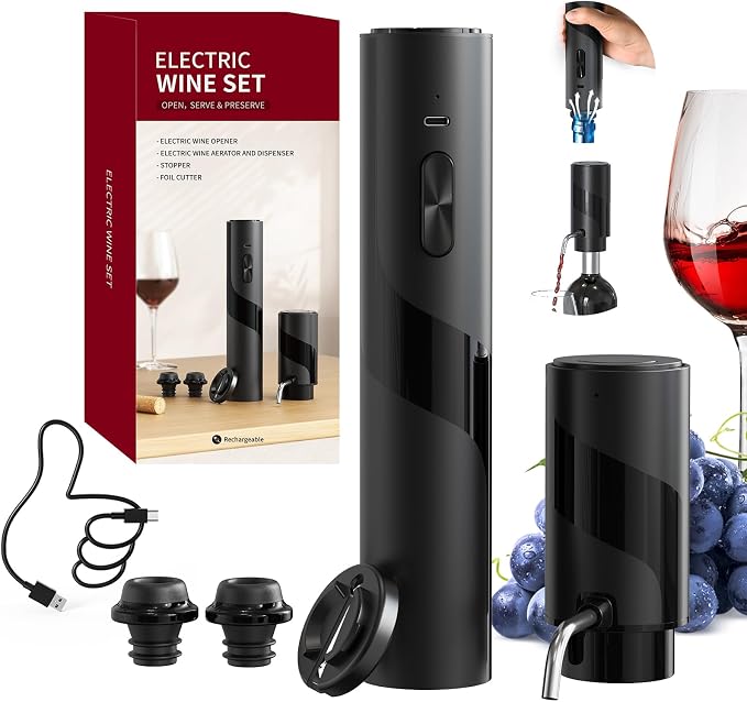 CIRCLE JOY Electric Wine Bottle Opener Set Rechargeable 6-in-1 Wine Set with Foil Cutter, Electric Wine Opener, Electric 2-in-1 Wine Aerator & Pourer, Electric Vacuum Pump and 2 Wine Stoppers, Black