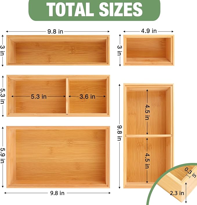 Bamboo Drawer Organizer,5 PCS Silverware Organizer & Kitchen Organizers and Storage,Utensil Drawer Organizer With Removable Dividers for Kitchen,Utensils,Bathroom,Office,Makeup(Natural)
