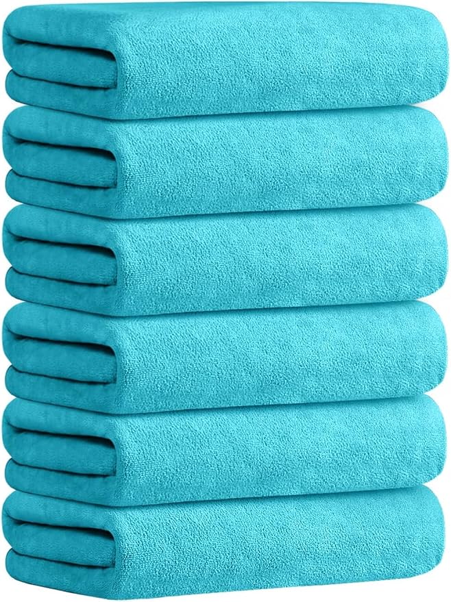 JML Microfiber Bath Towels with Hanging Loop, 30" x 60", 6 Pack | Soft, Absorbent, Lint Free, Fade Resistant, Quick Drying Towels for Body, Adult, Aquamarine