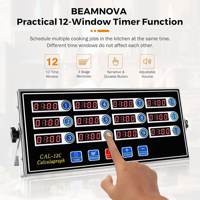 BEAMNOVA 12 Channels Digital Kitchen Timer for Cooking Loud Alarm Stainless Steel Clock Hours and Minutes Seconds Volume Control Electronic Calculator