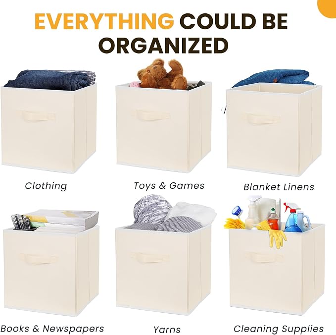 Large Storage Cubes, 13 Inch Cube Storage Bins for Shelves Closet Nursery Bedroom - 10 Pack Collapsible Storage Baskets with Handles - Fabric Bins for Organizing Magazines Clothes Toys (Beige)