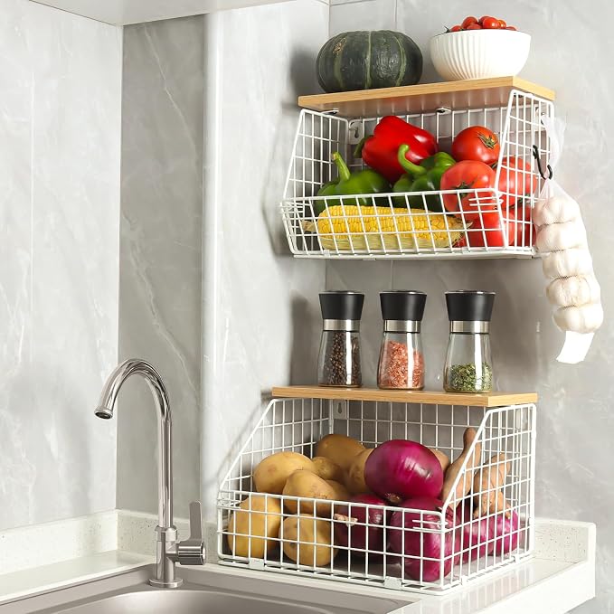 Mefirt White Fruit Bowl, 2-Tier Fruit Basket for Kitchen Counter, Stackable Wall Mounted Veggie Storage, Snack Organizer, Potato and Onion Storage Basket, Hanging Pantry Organizer with Wood Lid, 2 Set