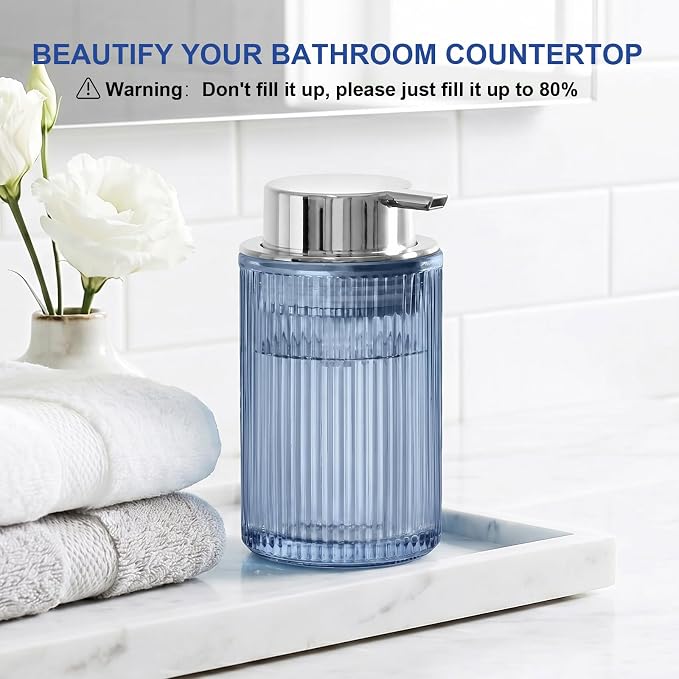 KASUNTING Blue Glass Foaming Soap Dispenser, Ribbed Foam Hand Soap Dispenser for Bathroom, 11 Fl Oz Refillable Foaming Pump Bottle with Black Pump, Modern Dish Soap Foam Dispenser