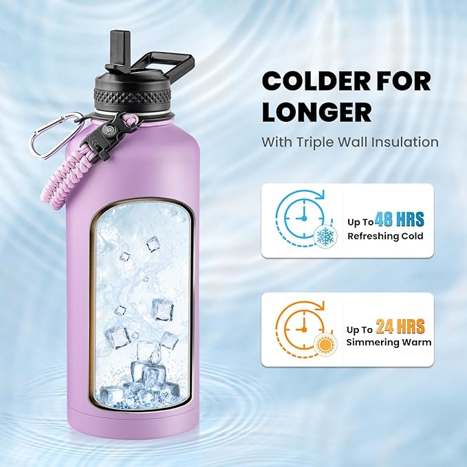 RAYMYLO Insulated Water Bottle 87 oz, Triple Wall Vacuum Stainless Steel (Cold for 48 Hrs), Leak Proof & Non-BPA, Modern Water Flask Jug with Paracord Handle & Straw Spout Lids, Light Purple