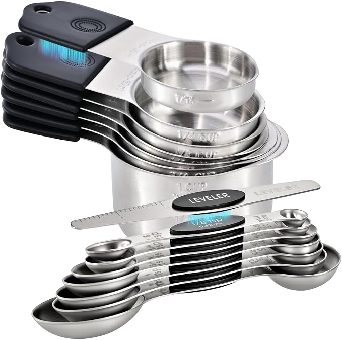 EDELIN Magnetic Measuring Cups and Spoons Set, Stainless Steel 7 cup and 7 spoon with 1 Leveler, 18/8 304 stainless steel (Black 15 sets)