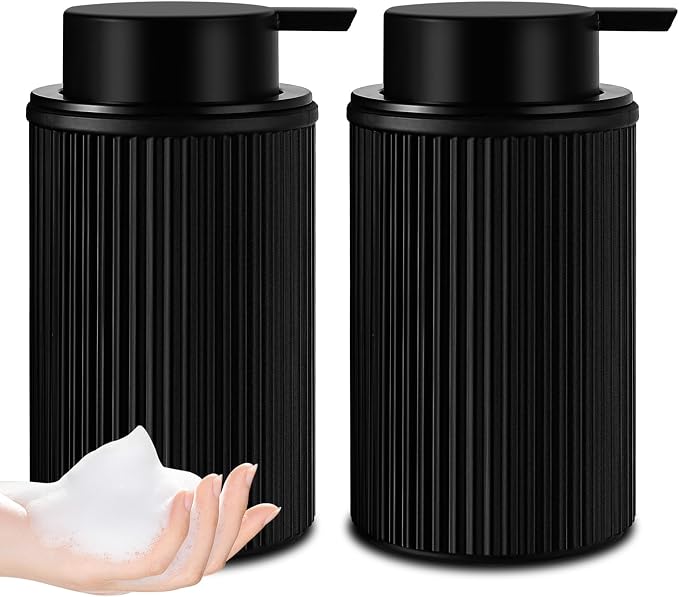 KASUNTING Matte Black Foaming Soap Dispenser, 2 Pack Ribbed Glass Foam Hand Soap Dispenser for Bathroom, Refillable Foaming Pump Bottle with Black Pump, Modern Dish Soap Foam Dispenser