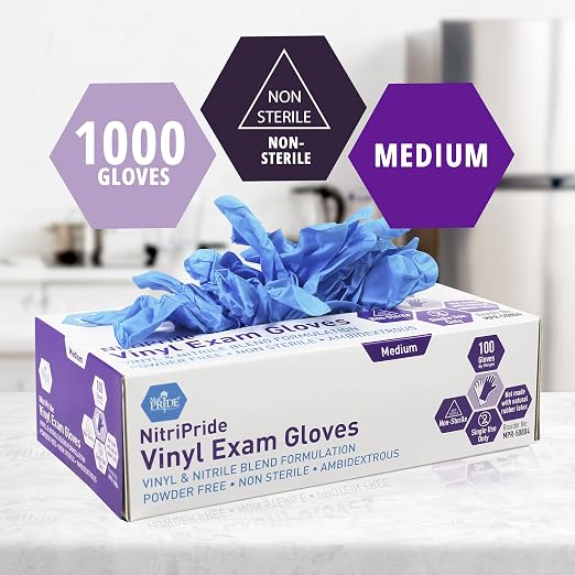 MED PRIDE Nitrile/Vinyl Blend Exam Gloves, Powder-Free, Latex-Free, Disposable, Non-Sterile, Blue (1000, Medium)