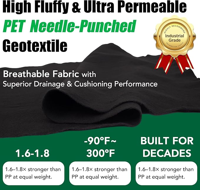 7oz/yd² 3ft×50ft Heavy Duty Non Woven Geotextile Fabric, Premium PET Landscape Fabric for French Drain, Drainage & Filtration, Gravel, Paver Base & Erosion Control | PET Geotextile Fabric for French Drains,Landscaping, Erosion Control, Underlayment & C...