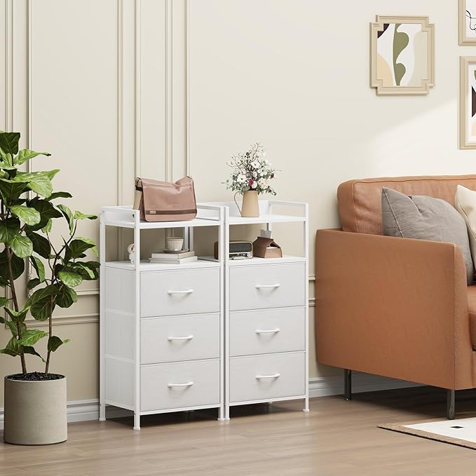 Somdot Nightstand with 3 Drawers, Dresser with Fabric Bins for Bedroom, Hallway, Entryway, Night Stand Bedside Table Furniture, Sturdy Steel Frame, Wooden Top, Easy Pull Fabric Bins, White Leather