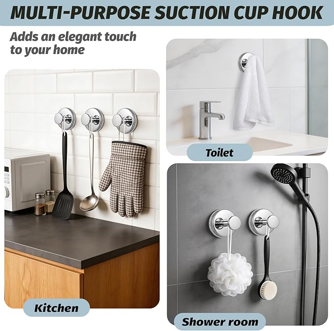 Suction Cup Hooks No Drill Stainless Steel Shower Hooks Towel Hook Heavy Duty on Smooth and Non-Porous Surfaces in Bathrooms Kitchen Bedroom (4, Chrome Polished)