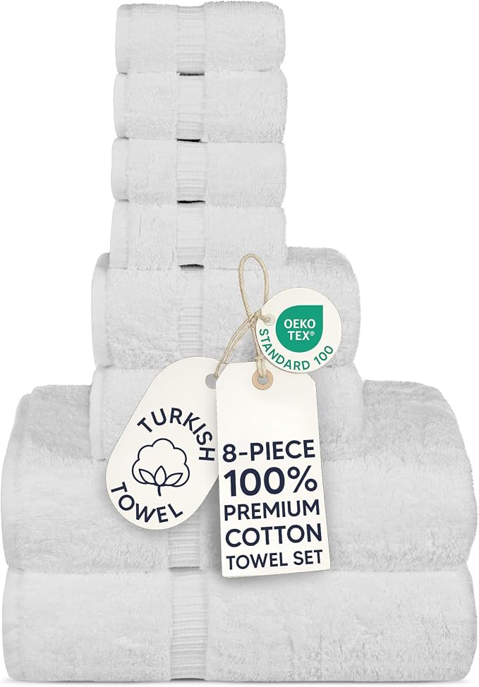 Chakir Turkish Linens Set of 8 Towel Set, 100% Cotton Luxury Turkish Towels for Bathroom, Soft Absorbent Bath Towel Set with 2 Bath Towels 2 Hand Towels 4 Washcloths, White