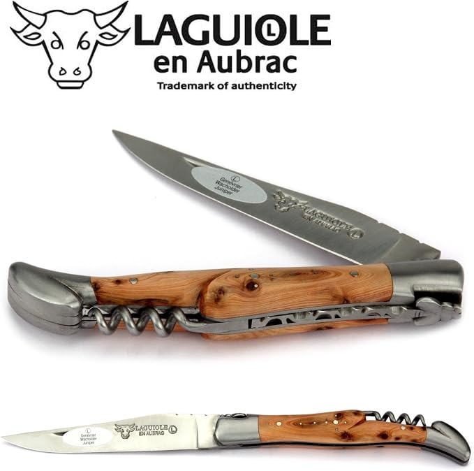Laguiole en Aubrac Handmade Knife 12 cm Corkscrew L0312GEIF Juniper Wood Handle, Blade and bolsters Stainless Steel