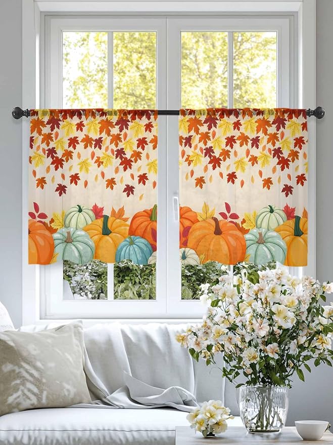 Thanksgiving Fall Chiffon Semi-Sheer Curtain 54 Inch,Autumn Pumpkins Maple Leaves Rod Pocket Voile Window Curtain Panels,Orange Watercolor Tulle Curtains Drape for Living Room/Sliding Door, 104"x54"