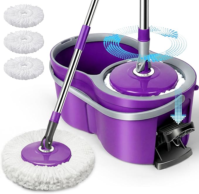 Spin Mop and Bucket with Wringer Set,Masthome 360°Spinning Bucket System with 3 Reusable Pads,EasyWring Microfiber Mop and Buckets for Floor Cleaning, Wet Dry Floor Mop for Home & Office