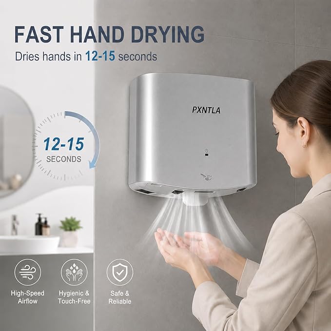 Hand Dryer, 12-15 Seconds Fast Dry Hands, 100-130V Voltage, Bottom Hot & Cold Air Switch, IPX1 Waterproof & 60s Overheat Protection