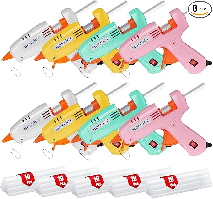 MONVICT 8 Pack 30W Hot Glue Gun Set with 50 Glue Sticks, High Temp Mini | 2 Each of Pink/White/Lake Blue/Yellow - Easy to Use for DIY Crafts, Arts, Class Projects, Home Repairs
