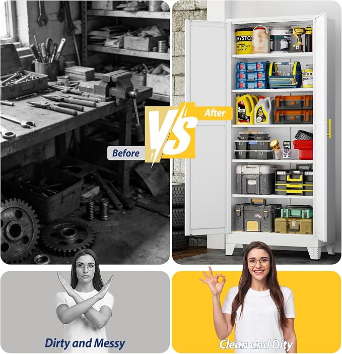 PAOFIN 75" Metal Storage Cabinet with 2 Doors and 5 Adjustable Shelves,White Metal Garage Storage Cabinets, File Cabinet,Steel Tool Cabinets for Home,Office,Garage,School,Warehouse