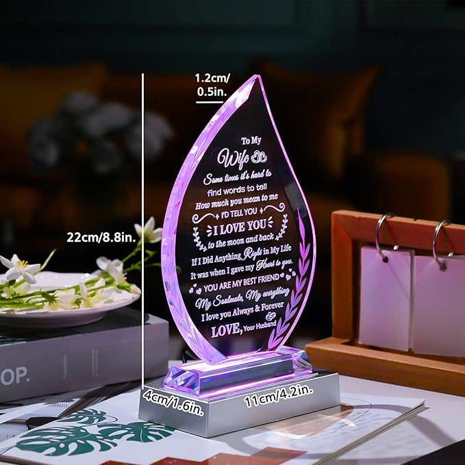 QIANWEI Mothers Day Gifts for Wife I Love You for Her Glass Plaque Keepsake Wife Romantic Gifts from Husband Anniversary Birthday Christmas Presents for Women with Colorful Led Base