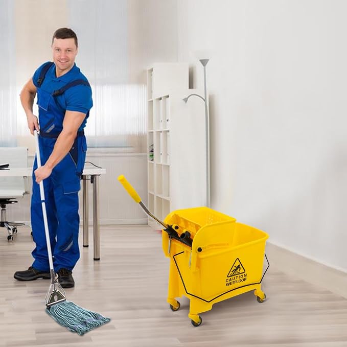 Commercial Mop Bucket with Wringer on Wheels, Mop Bucket with 20 Quarts Side Wringer Combo Mop and Bucket with Wringer Set for Home Office Cleaning, Yellow, AWIH5ER-E5Q