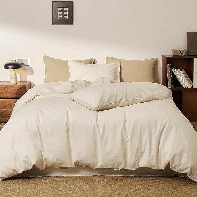mixinni 3 Piece Washed Cotton Linen Blend Duvet Cover Set King Size, Soft Breathable Farmhouse Beige Neutral Solid Duvet Cover with Natural Linen Texture, 104x90 inches with 2 Pillowcases