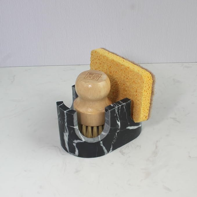 Nawgnail Natural Travertine Marble 2-Slot Sponge Holder for Kitchen Counter, 2-in-1 Stone Drying Rack, Sponge Caddy for Sink Organizer - Nero Portoro Marble