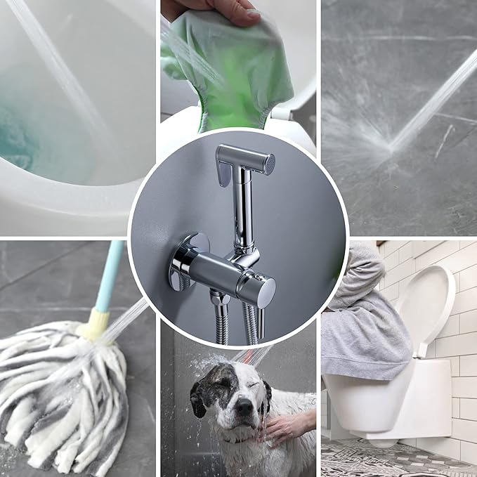 SHAMANDA Warm Water Bidet Sprayer for Toilet with Hot and Cold Brass Rough-in Valve, Stainless Steel Round Handheld Bidet Attachment Set for Feminine, Pets and Baby Diaper Wash, Polished Chrome BDS09
