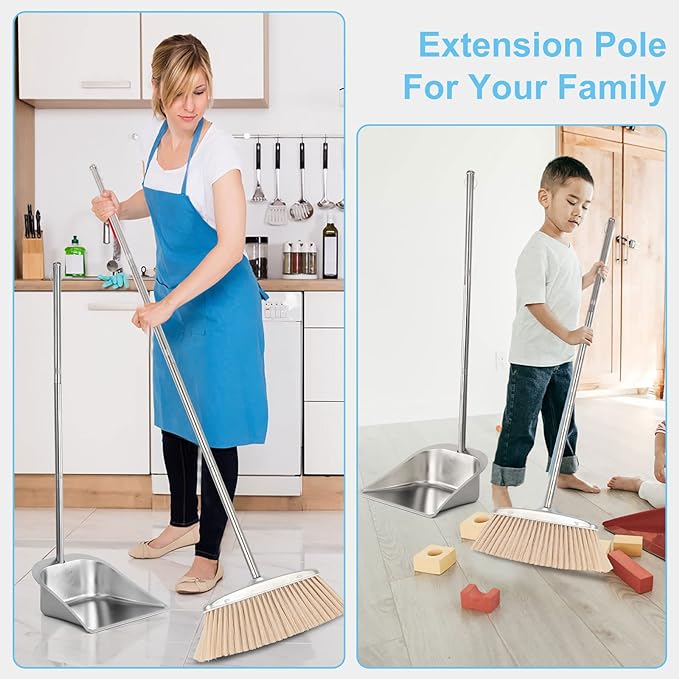 VOOWO Broom and Dustpan Set for Home, Stainless Steel Broom and Dustpan Set with Long Handle, Heavy Duty Dustpan Broom Set Standing Dust Pan Kitchen and Home Indoor Outdoor Broom