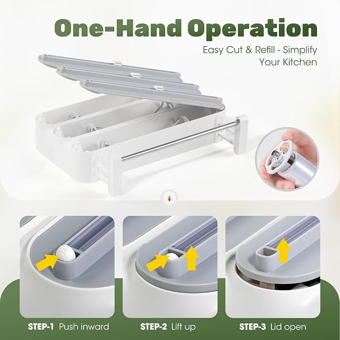 Aluminum Foil & Plastic Wrap Dispenser with Cutter - Magnetic & No-Drill Wall Mount, Cling Film Dispenser with Paper Towel Holder, Space-Saving 4-in-1 Kitchen Organizer - Fits 12" Roll, White