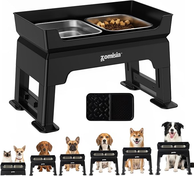 ZOMISIA Elevated Dog Bowls, 6 Height Adjustable Raised Dog Bowl Mess Proof | 3-in-1 Dog Bowl Stand, Double Deck Design, 2 Stainless Steel Bowls, Licking Plate, Feeding Station for Small Medium Large Pet