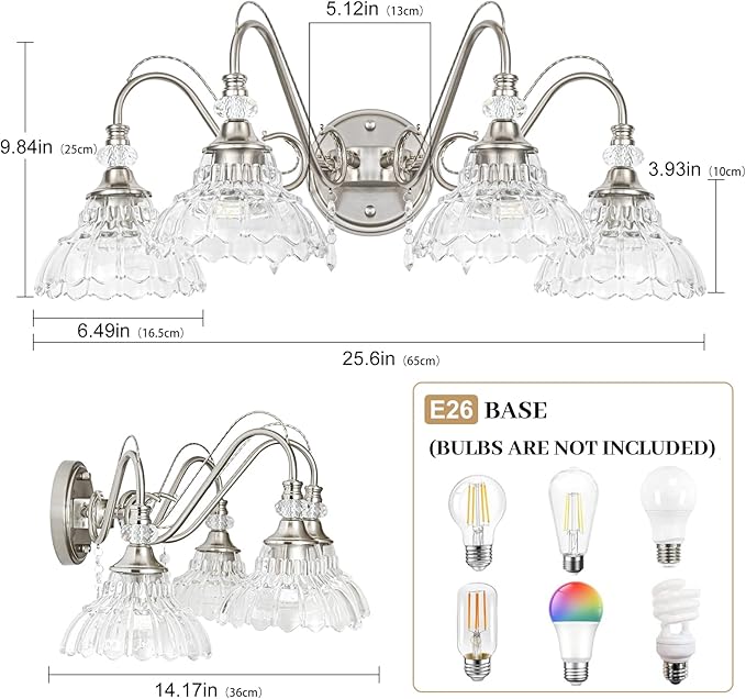 Brushed Nickel Bathroom Vanity Light, 4-Light Nickel Finish Wall Sconce with Hanging Crystal Accents and Flower-Shaped Clear Glass Shades, Modern Wall Mount Vanity Light Over Mirror for Bathroom