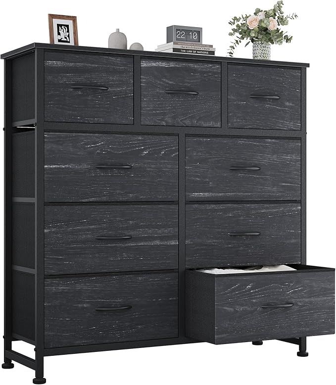 OLIXIS 9 Drawer Storage Dresser with Wood Top - Wide Fabric Chest Organizer for Bedroom, Closet, Living Room,Tower Cabinet, TV Stand, Hallway Entryway Furniture,Black Wood Grain