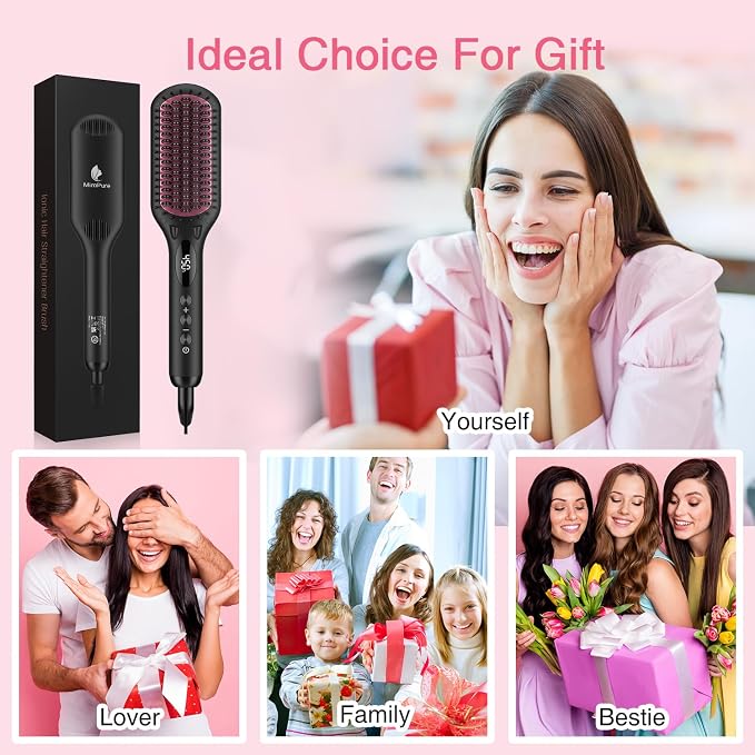 Enhanced Ceramic Hair Straightener Brush by MiroPure, 2-in-1 Ionic Straightening Brush with Anti-Scald Feature, Auto Temperature Lock & Auto-Off Function (Black)