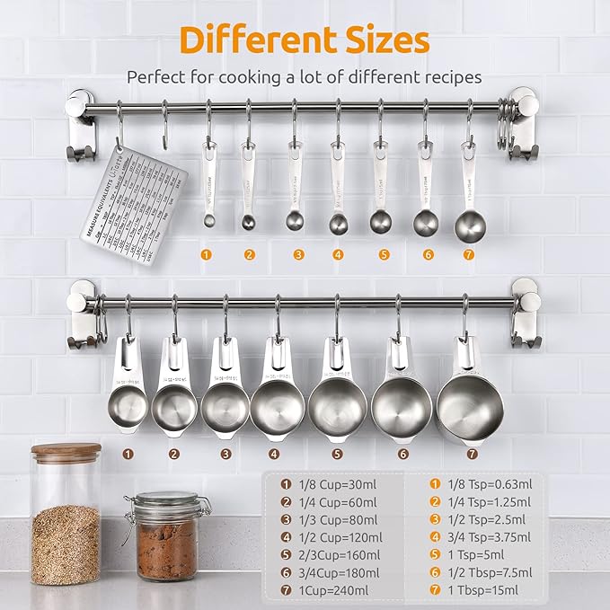U-Taste Measuring Cups and Spoons Set of 15 : 7 Measuring Cups and 7 Measuring Spoons with 2 D-Rings and 1 Professional Magnetic Measurement Conversion Chart