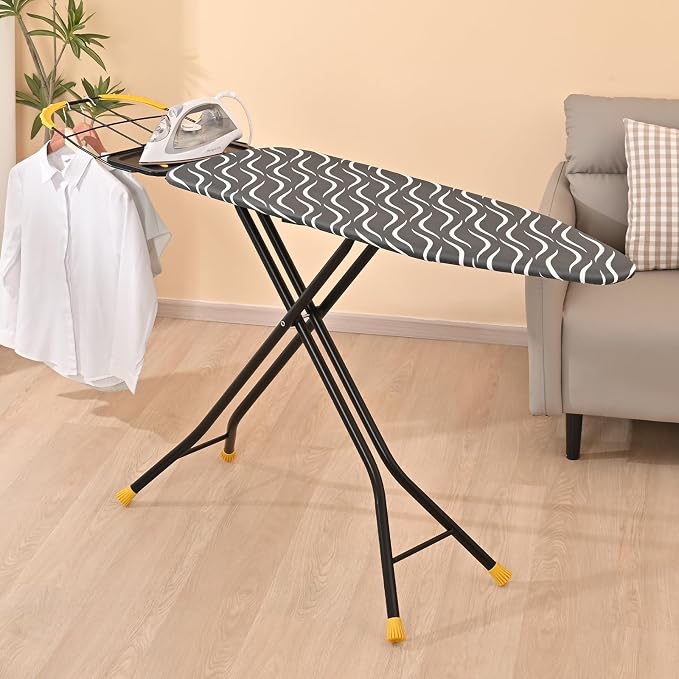 KINGBOARD Ironing Board Full Size with Metal Panel, Foldable Ironing Board with Iron Rest, 7 Height Adjustable, Heat Resistant Thick Padding Cover, Easy Storage Heavy Duty Iron Board,15x48, Black