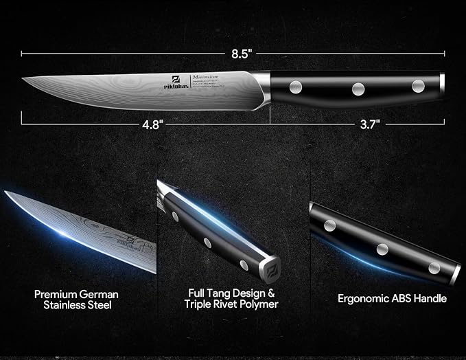 Steak Knives Set of 6, 4.6 Inch Non Serrated Dinner Knife, Forged German Steel Damascus Pattern Straight Edge Meat Knife with Full Tang Handle, Dishwasher Safe, Ideal for Gift | Forged German Steel Damascus Pattern Straight Edge Meat Knife with Full Ta...