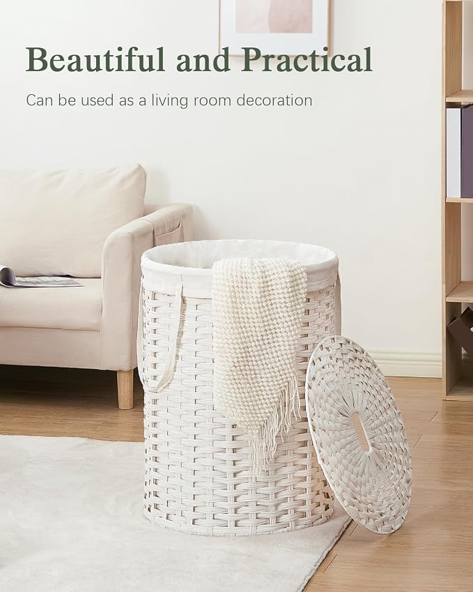 SETVSON Laundry Basket with Lid Round PE Rattan Laundry Hamper, White | 110L Large Woven Basket with Lid, Removable Washable Liner Bag, 2 Mesh Laundry Bags, Foldable Long Side Handles Versatile