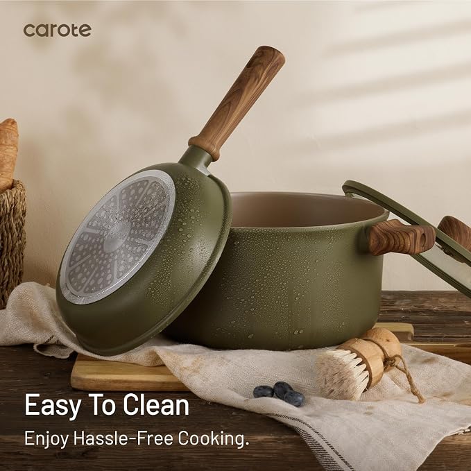 CAROTE 21pcs Ceramic Cookware Set Nonstick Pots and Pans set, Induction Cookware Set Kitchen Cooking Sets, Pot and Pan Non Stick w/Frying pan (PFAS Free), Green
