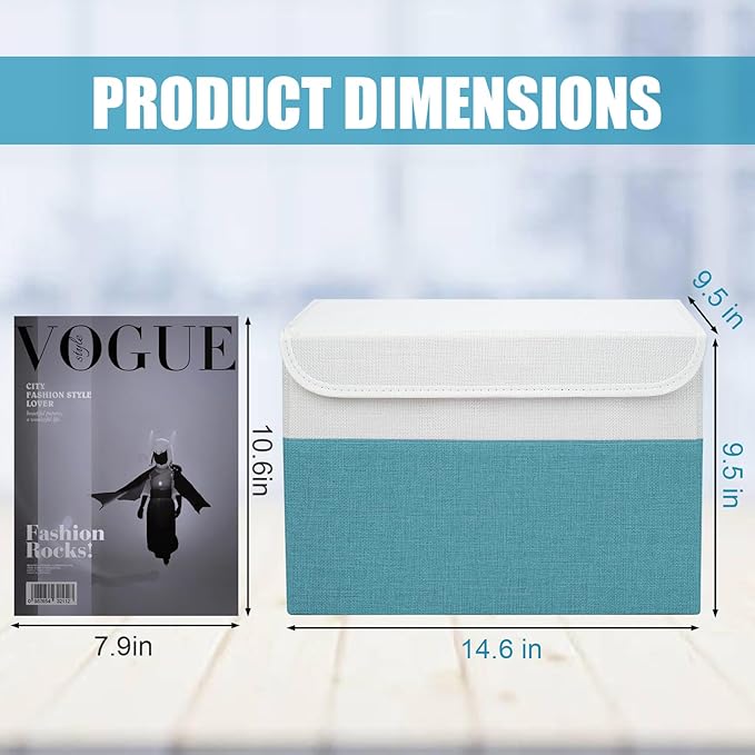 Bagnizer Large 22 Quart Linen Fabric Foldable Storage Bin Cube Organizer Basket with Flip-Top Lid & Handles, Clothes Blanket Box for Home, Office, Closet, Teal & White, 4 Pack 14.6 x 9.5 x 9.5