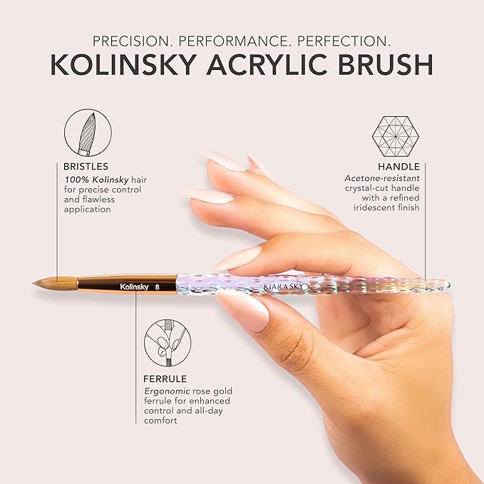 Kiara Sky Kolinsky Acrylic Nail Brush #12 – Pure Kolinsky Sable Hair, Iridescent Crystal Handle, Acetone Resistant, for Acrylic Application, Extensions & 3D Nail Art