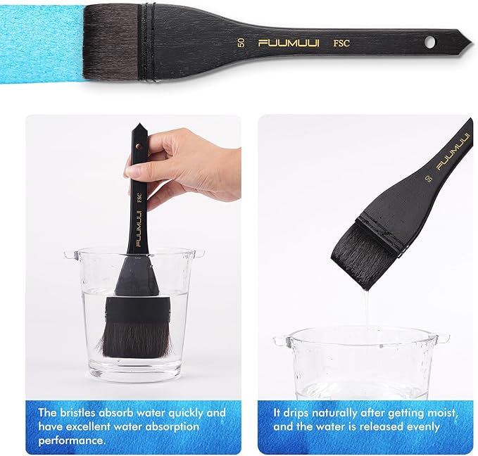 Flat Watercolor Brushes, Fuumuui 50mm Professional Squirrel Hair Flat Hake Brushes, Artists Scale Large Paint Brush with Long Handle for Watercolor and Acrylic Paints