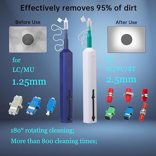 2PC Fiber Cleaner Pen for 1.25mm & 2.5mm SC/FC/ST/LC/MU Connectors, Over 800 Cleans, Fiber End Face & Optical Connector Cleaner