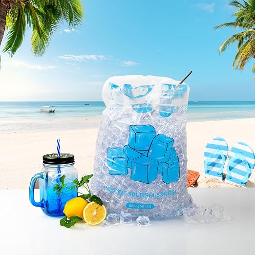 100 PACK 10 lb. Drawstring Ice Bags 12 x 21 Inch Heavy-Duty | Plastic Ice Bags with Cotton Drawstring (2mil Thickness, Design of The Ice Pattern)