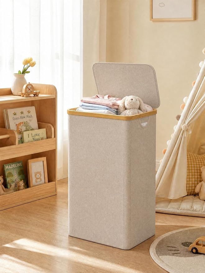IEGrow Laundry Basket with Lid, Large Laundry Hamper with Handle and Lid, Collapsible Clothes Basket Organizer with Removable Inner Bag for Clothes Towels (Oatmeal, 110L)