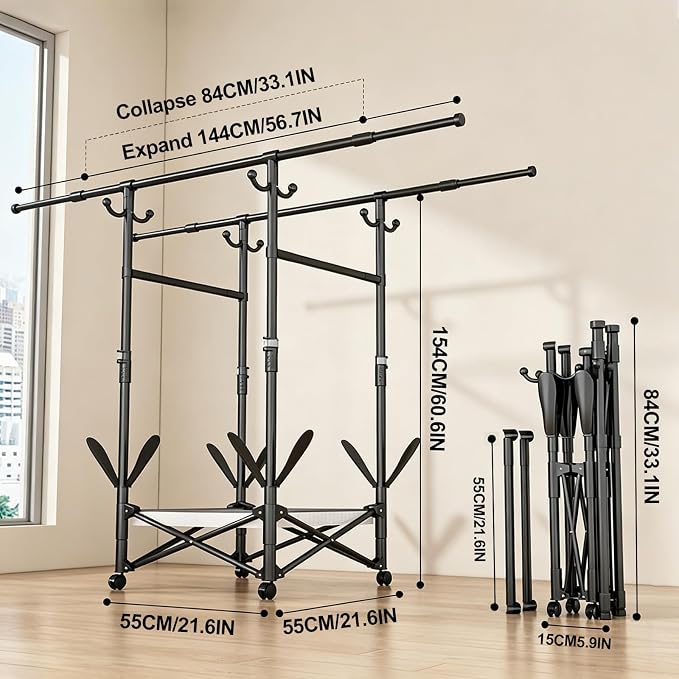 Foldable Collapsible Rolling Clothes Drying Rack,Adjustable Double Rods Laundry Airer(33.1–56.7"),Carbon Steel Pipe Standing Garment Rack for Indoor Outdoor Laundry Room (Black, B)