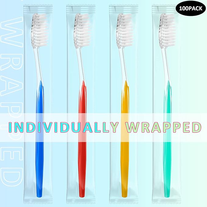 Patelai 100 Pcs Disposable Travel Toothbrush Bulk Individually Wrapped Toothbrush Pack Medium Soft Bristle Manual Disposable Colorful Tooth Brush for Adult Work Travel Hotel Donation (Vivid)