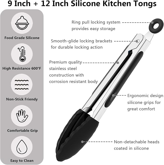 Kitchen Tongs for Cooking with Non-Stick Silicone Tips, 600°F Heat Resistant Silicone Cooking Food Tong Set Heavy Duty Stainless Steel Handle for Baking Grilling BBQ Salad Serving, 9" and 12"