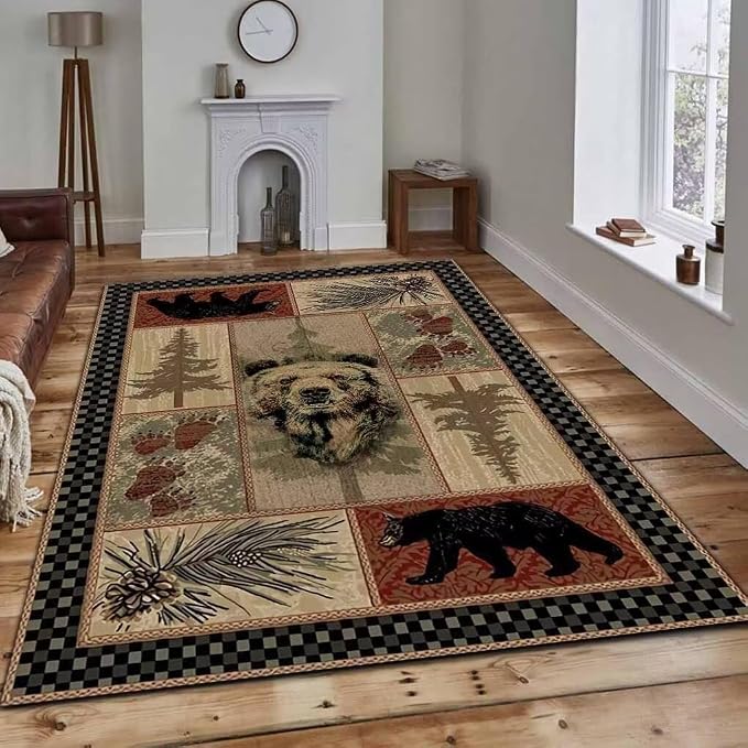 Vintage Lodge Cabin Bear Rugs for Hallway Non-Slip Rustic Lattice Border Area Rug Couch Decor Indoor Door Mat Wildlife Floor Carpet 2'x3'