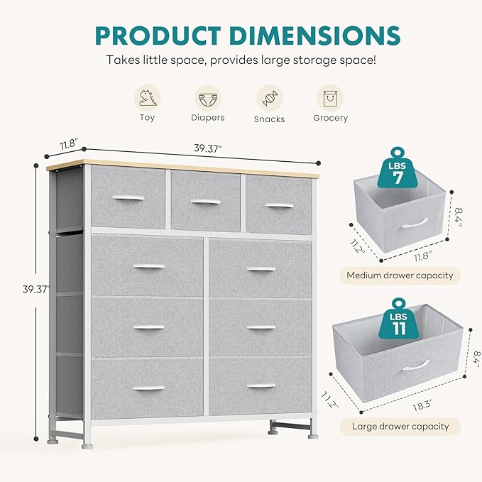 OLIXIS 9 Drawer Storage Dresser with Wood Top - Wide Fabric Chest Organizer for Bedroom, Closet, Living Room,Tower Cabinet, TV Stand, Hallway Entryway Furniture,Light Grey
